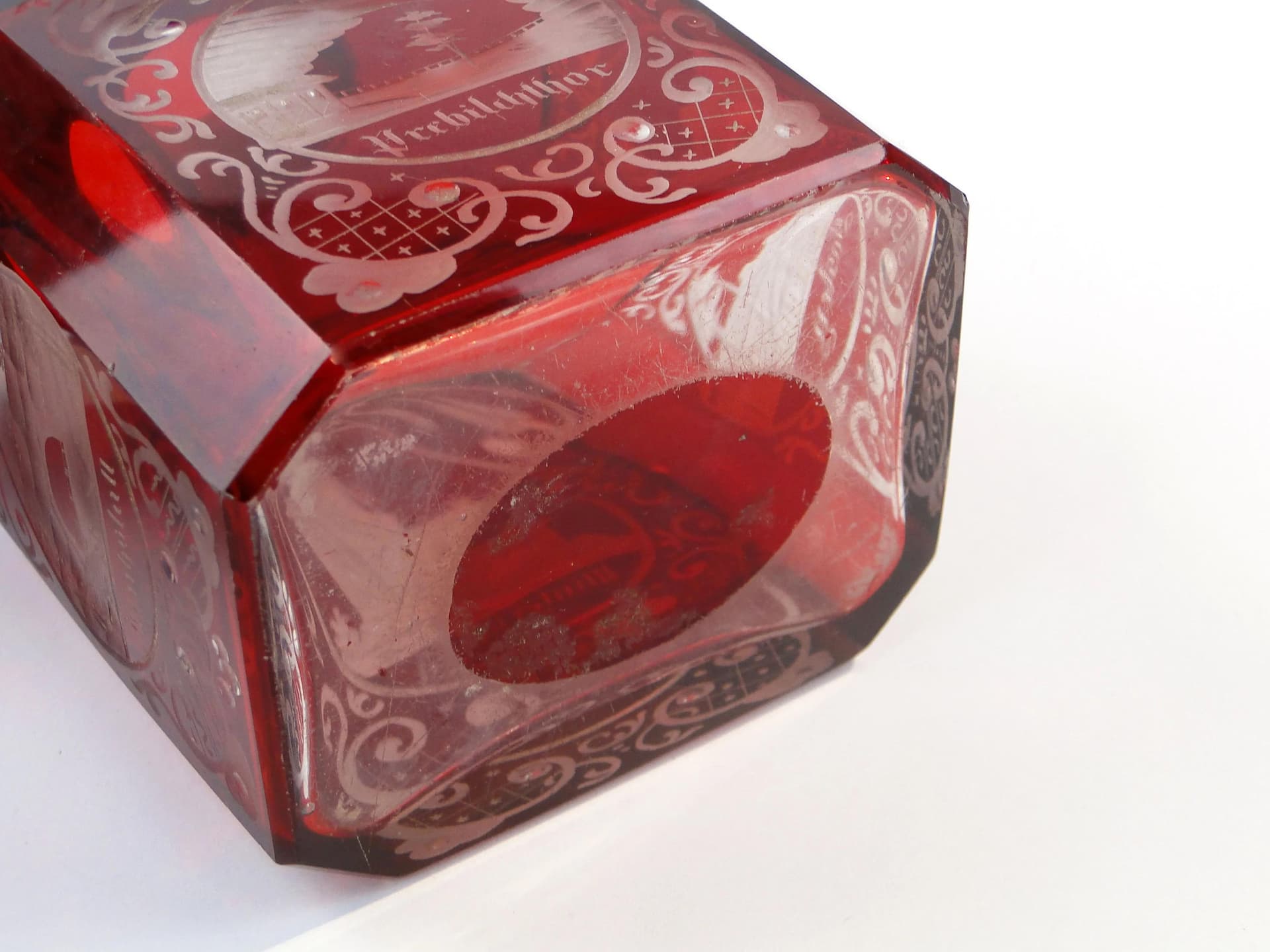 Herbatnica biedermeier, szkło rubinowe, Prusy, Niemcy, XIX w. - 9674