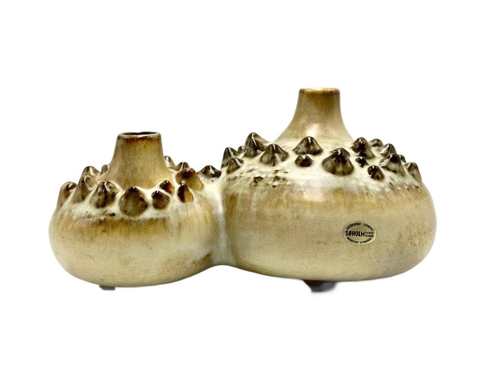 Double vase Model 3481 Sea Urchin, beige ceramic, by E. Johansen, Søholm, Denmark, 1960s
