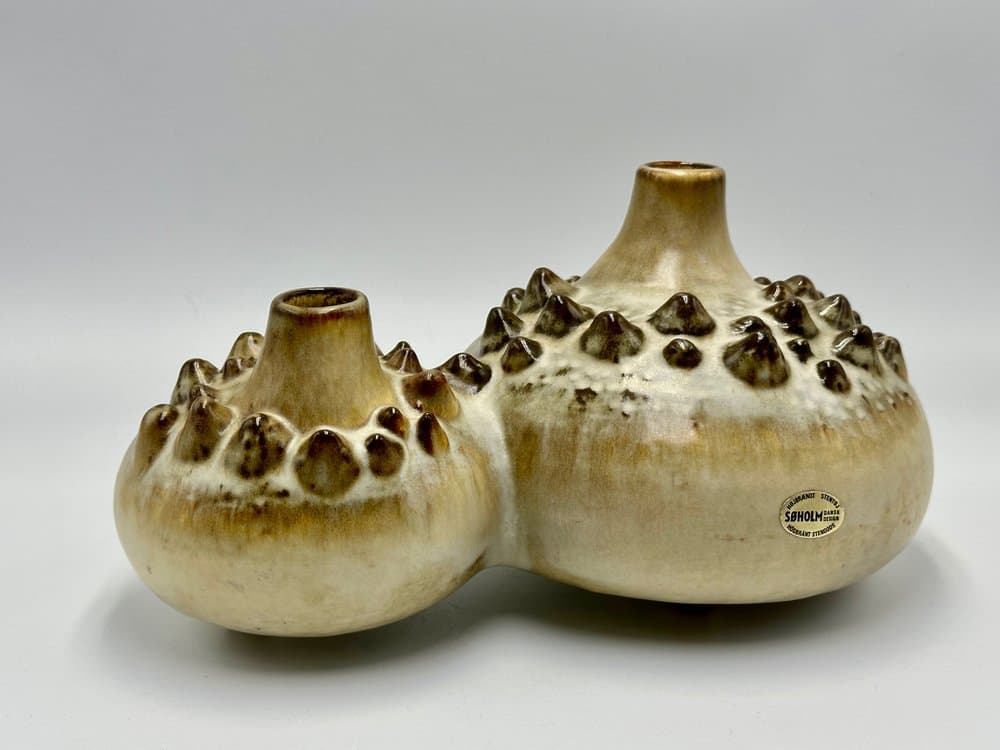 Double vase Model 3481 Sea Urchin, beige ceramic, by E. Johansen, Søholm, Denmark, 1960s - 156179