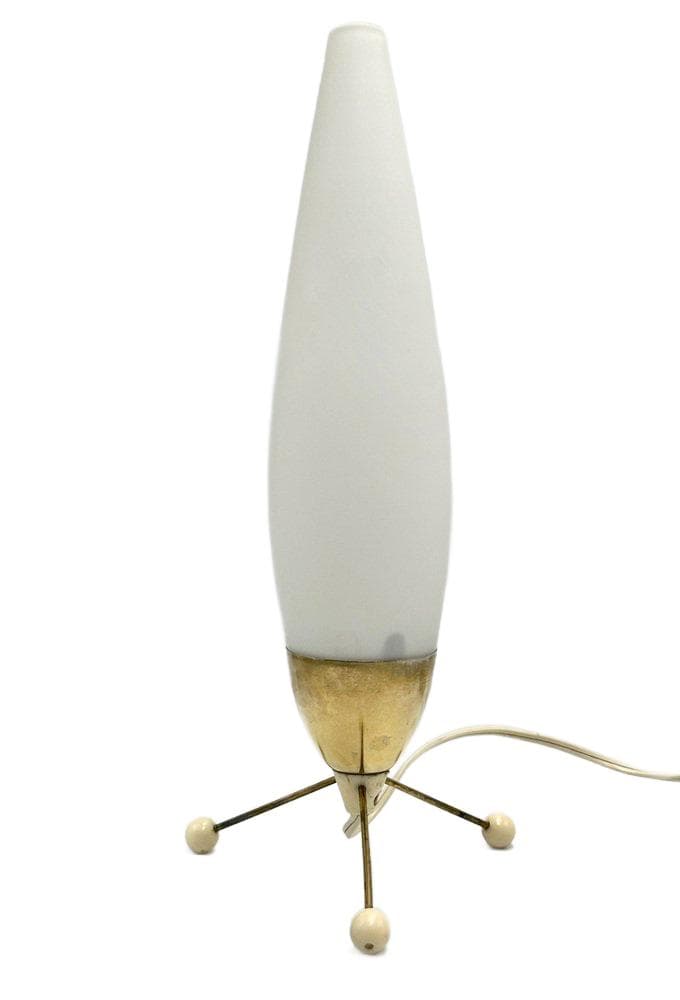 Lampa stołowa nocna, złoty, szkło białe, mosiądz złoty, Kamenický Šenov, Czechy, lata 50.