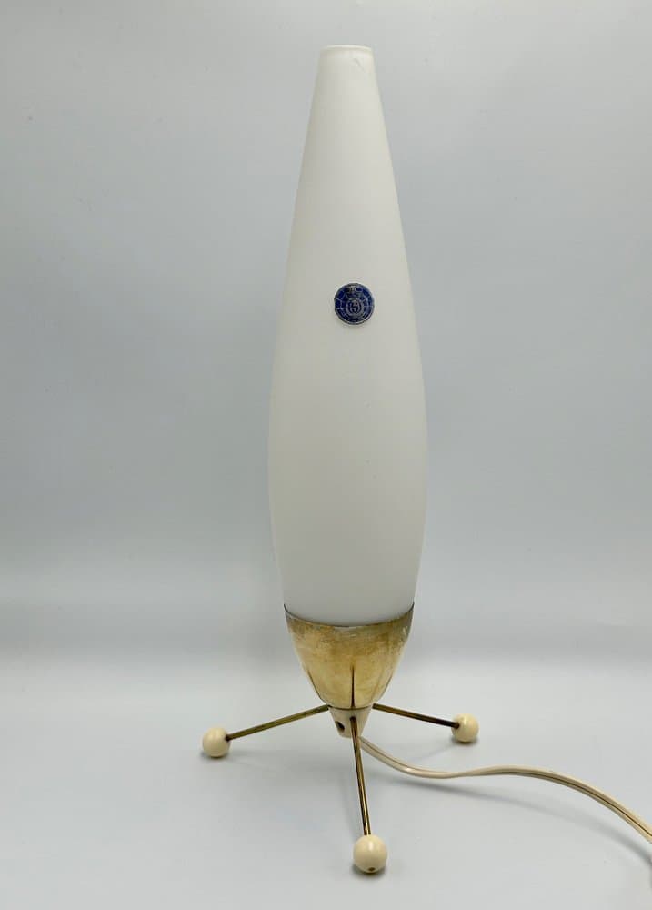 Lampa stołowa nocna, złoty, szkło białe, mosiądz złoty, Kamenický Šenov, Czechy, lata 50. - 156383