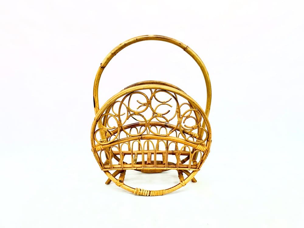 Stojak na gazety okrągły, beżowy, bambus rattan, Włochy, lata 70. - 156433