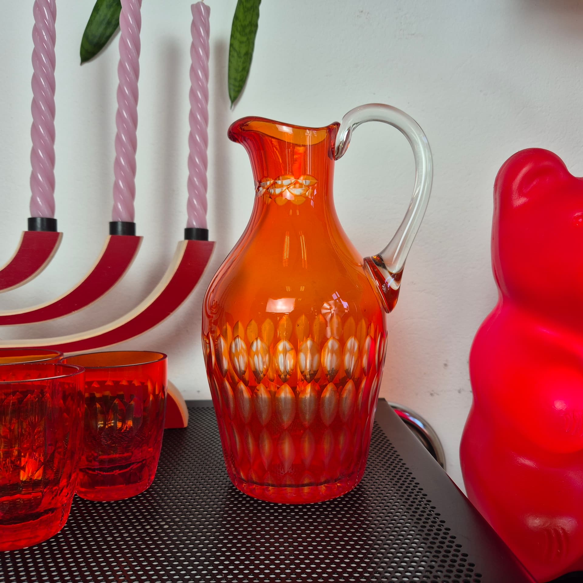 Zestaw do serwowania napojów art déco, szkło pomarańczowy, Czechosłowacja, lata 50. - 142677