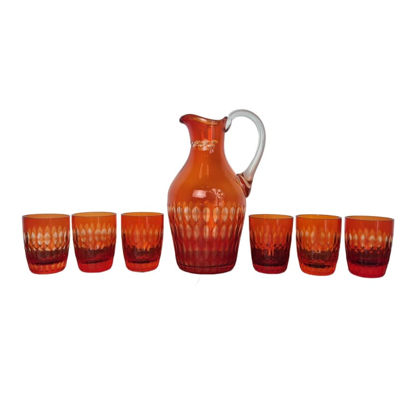 Zestaw do serwowania napojów art déco, szkło pomarańczowy, Czechosłowacja, lata 50.