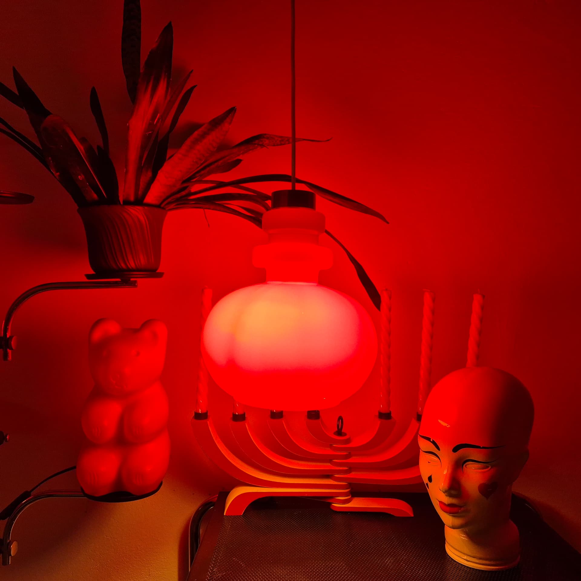 Ceiling lamp, red glass, Polam, Poland, 1960s. - 142716