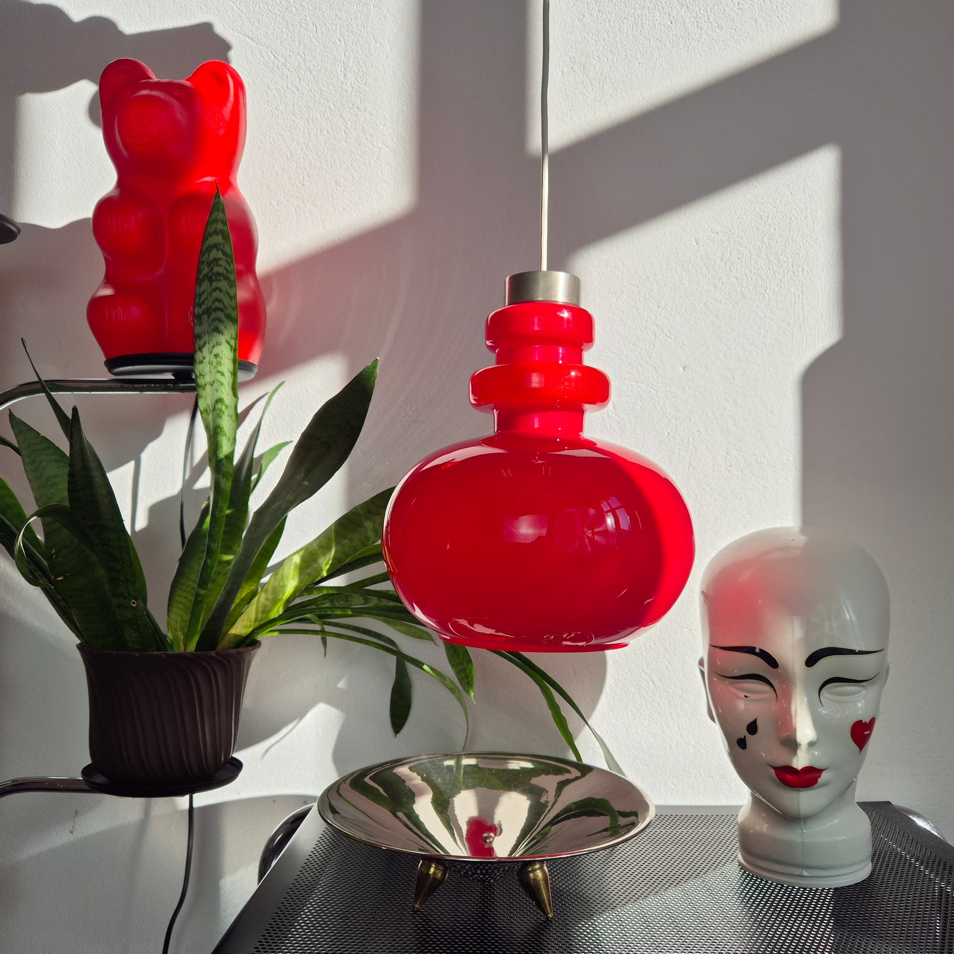 Ceiling lamp, red glass, Polam, Poland, 1960s. - 142714