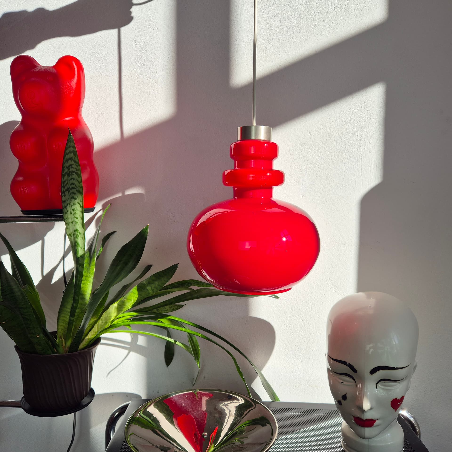 Ceiling lamp, red glass, Polam, Poland, 1960s. - 142709