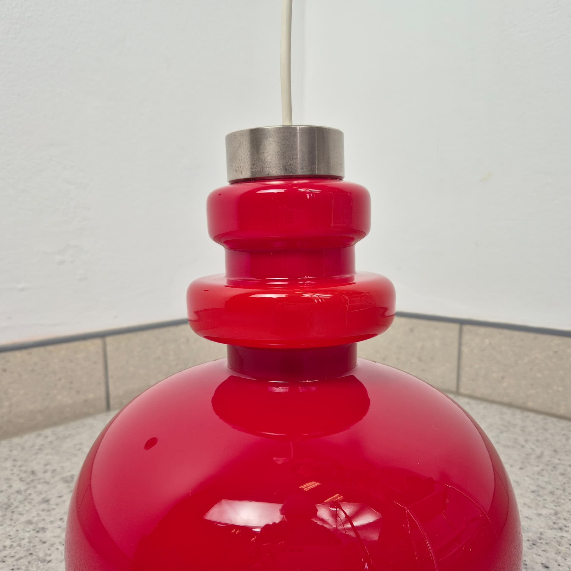 Ceiling lamp, red glass, Polam, Poland, 1960s. - 142712