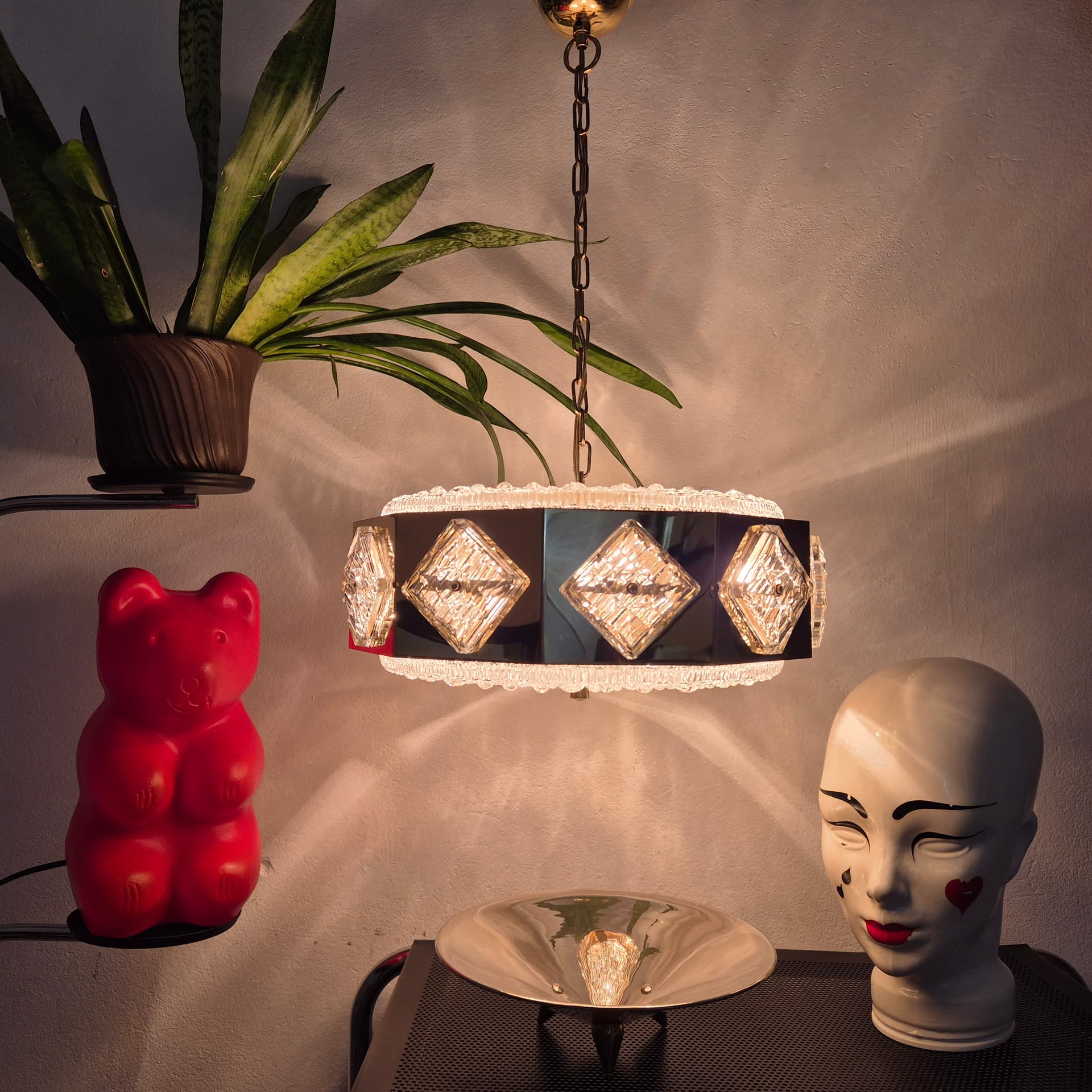 Pendant lamp, golden brass, glass, by C. Fagerlund, Orrefors, Sweden, 1960s. - 142723