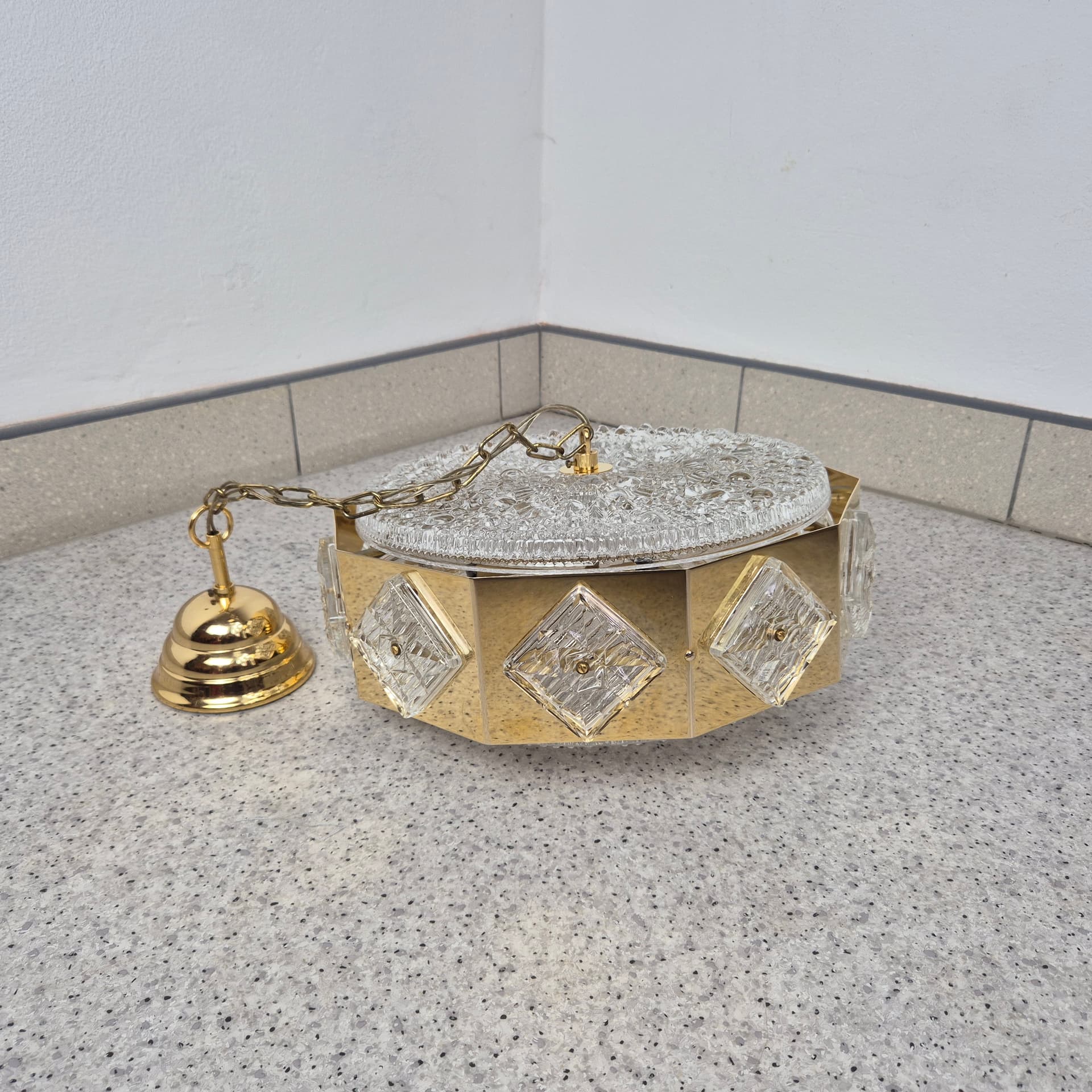 Pendant lamp, golden brass, glass, by C. Fagerlund, Orrefors, Sweden, 1960s. - 142719