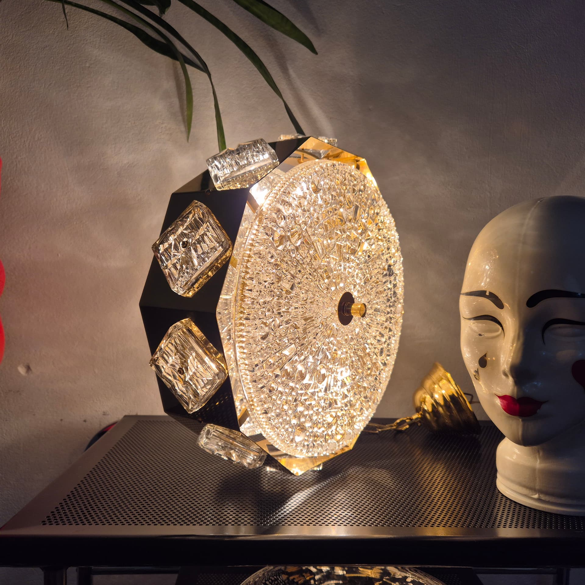 Pendant lamp, golden brass, glass, by C. Fagerlund, Orrefors, Sweden, 1960s. - 142724