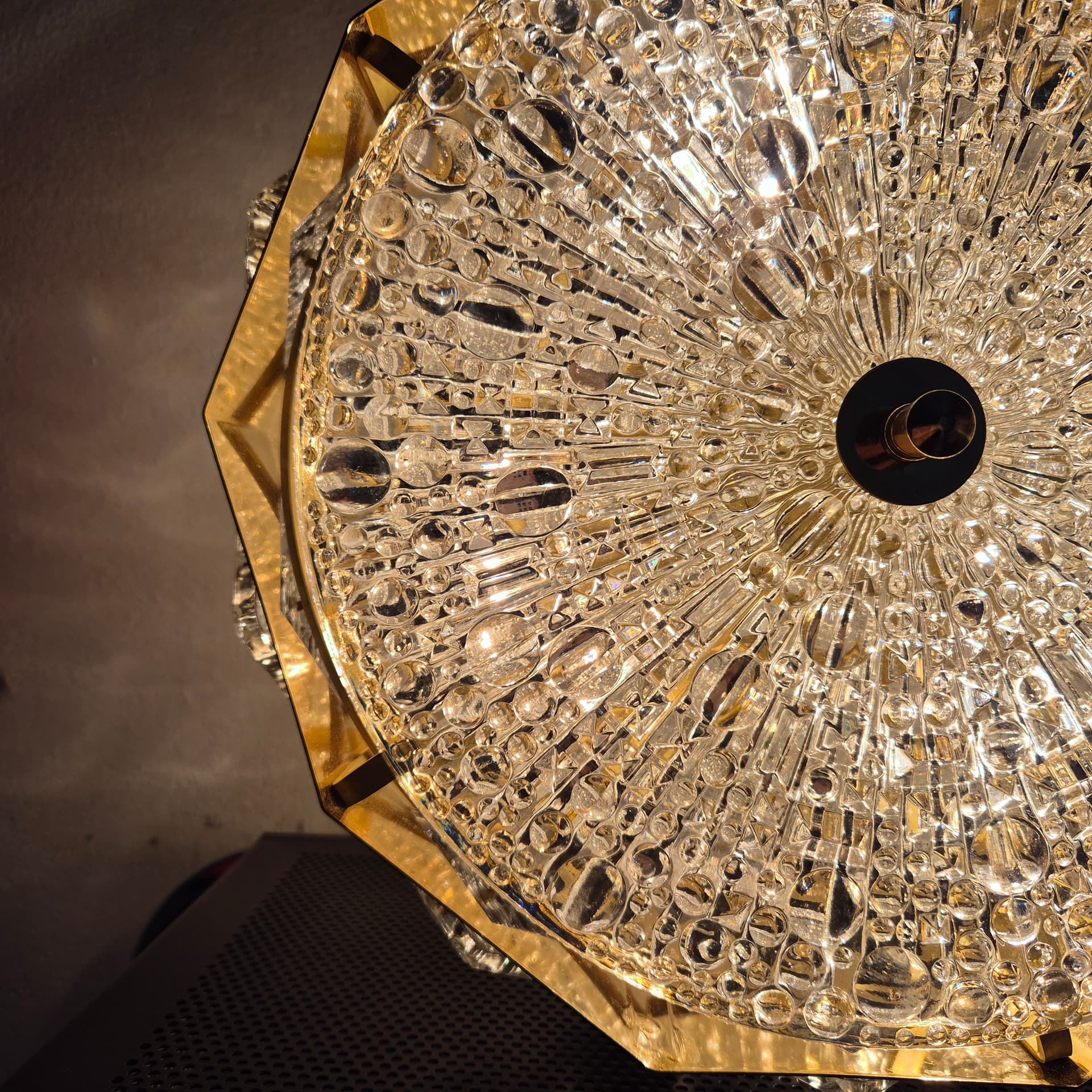 Pendant lamp, golden brass, glass, by C. Fagerlund, Orrefors, Sweden, 1960s. - 142727