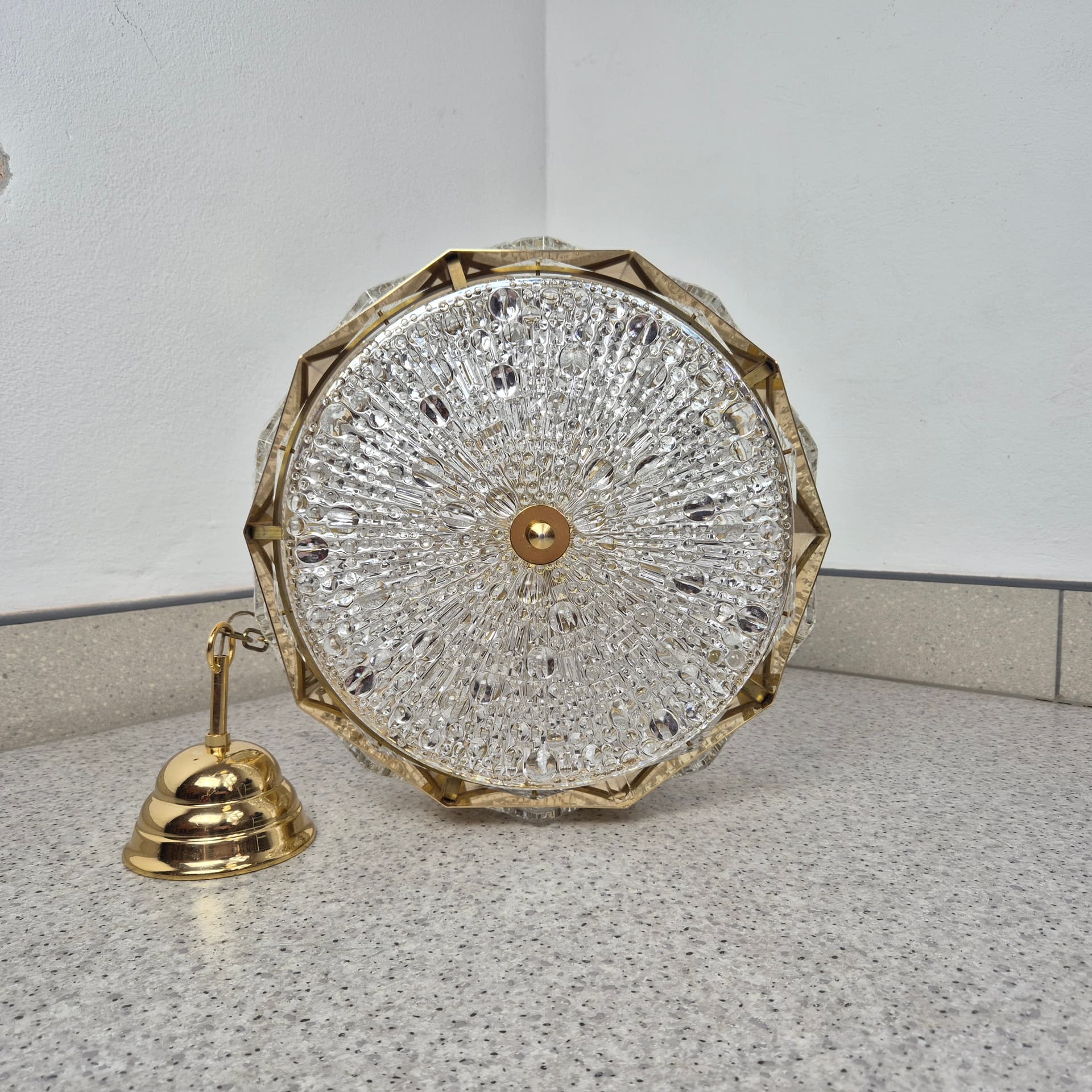 Pendant lamp, golden brass, glass, by C. Fagerlund, Orrefors, Sweden, 1960s. - 142721