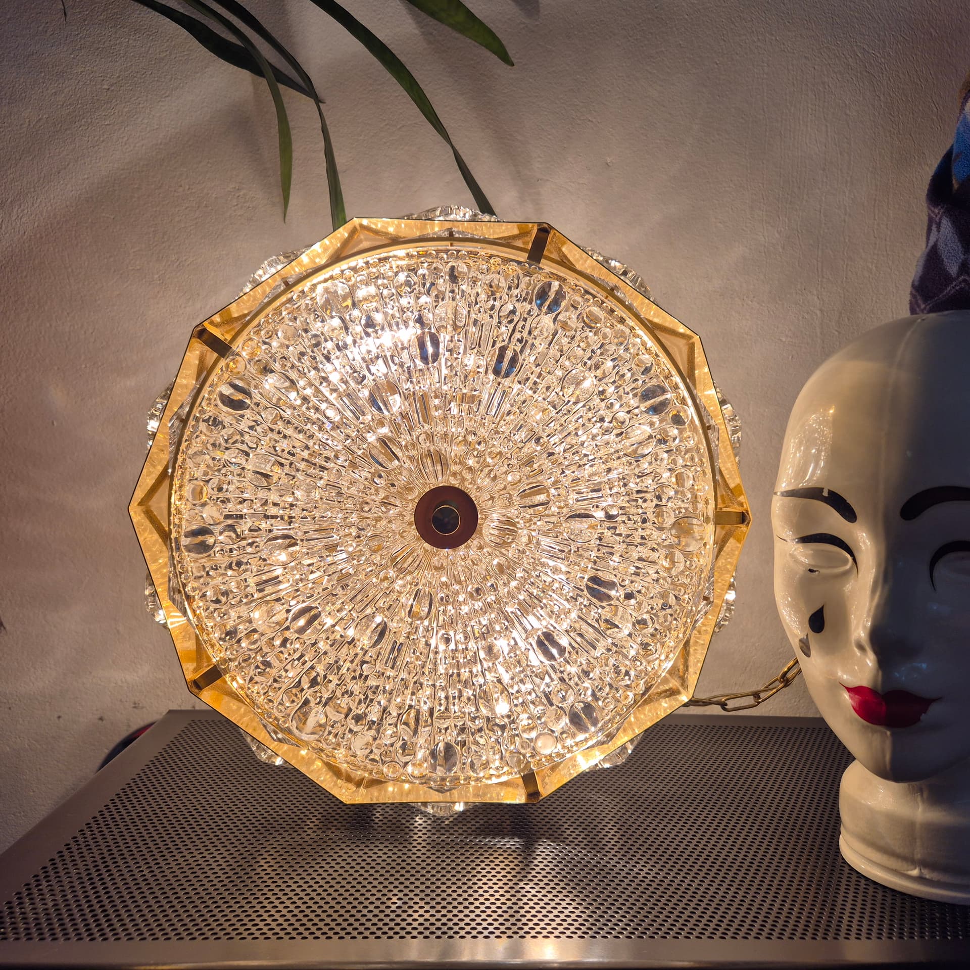 Pendant lamp, golden brass, glass, by C. Fagerlund, Orrefors, Sweden, 1960s. - 142726