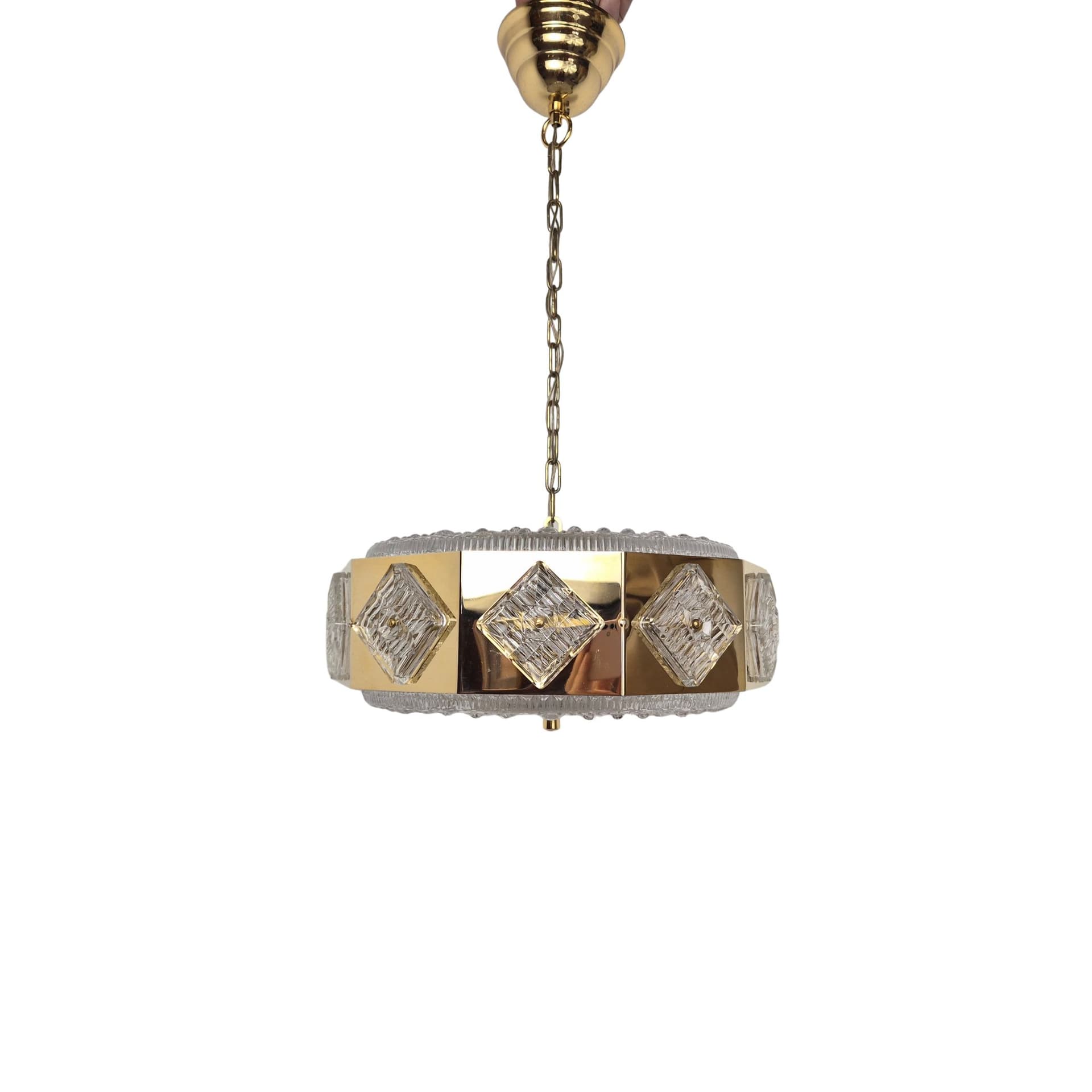 Pendant lamp, golden brass, glass, by C. Fagerlund, Orrefors, Sweden, 1960s.