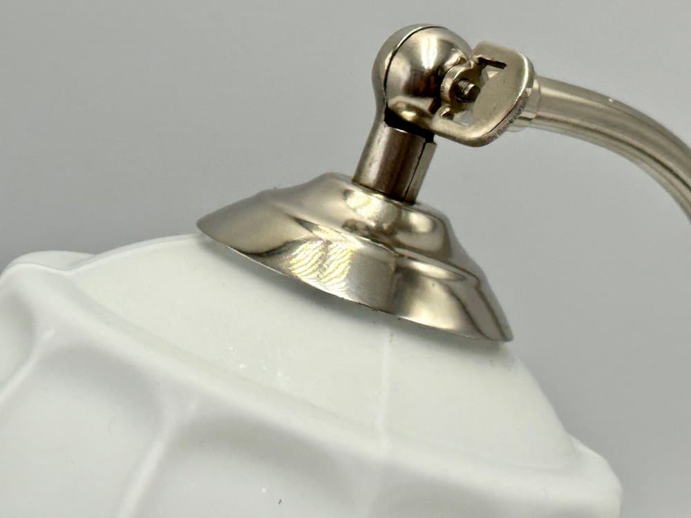 Table Lamp Art Deco, white glass shade, chrome-plated silver metal base, Poland, 1950s - 156491