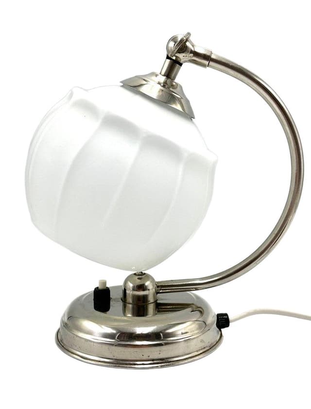 Table Lamp Art Deco, white glass shade, chrome-plated silver metal base, Poland, 1950s - DIMENSION