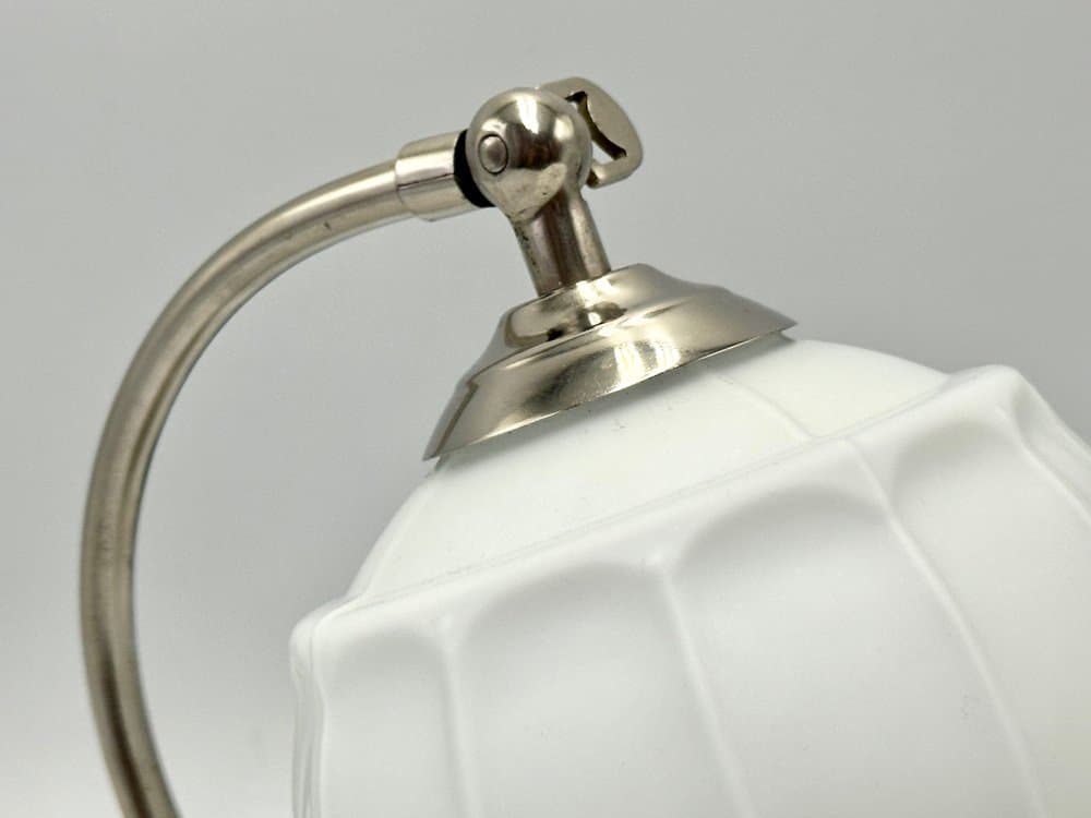 Table Lamp Art Deco, white glass shade, chrome-plated silver metal base, Poland, 1950s - 156490