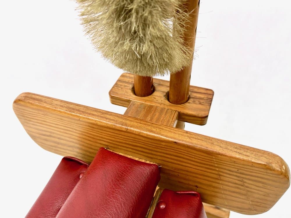 Baby walker, brown, wood, red artificial leather, metal, Germany, 1960s. - 156504