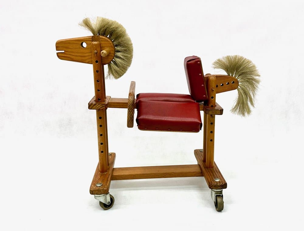 Baby walker, brown, wood, red artificial leather, metal, Germany, 1960s. - 156497