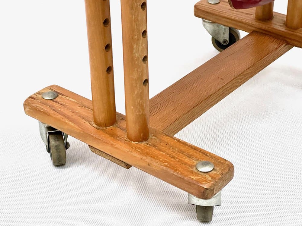 Baby walker, brown, wood, red artificial leather, metal, Germany, 1960s. - 156502