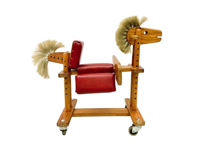 Baby walker, brown, wood, red artificial leather, metal, Germany, 1960s. - DIMENSION