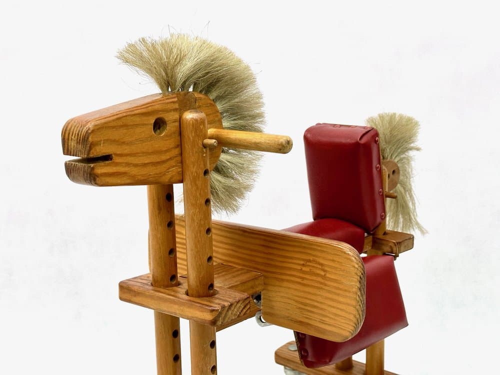 Baby walker, brown, wood, red artificial leather, metal, Germany, 1960s. - 156498