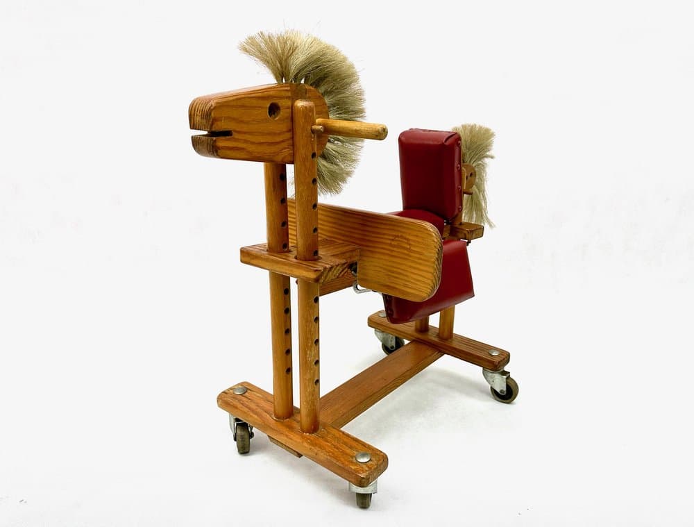 Baby walker, brown, wood, red artificial leather, metal, Germany, 1960s. - 156499