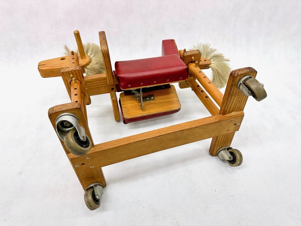 Baby walker, brown, wood, red artificial leather, metal, Germany, 1960s. - 156501