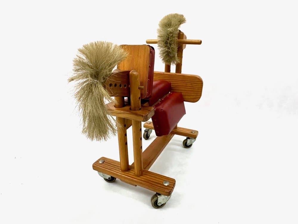 Baby walker, brown, wood, red artificial leather, metal, Germany, 1960s. - 156500