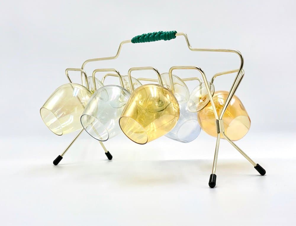 Zestaw kieliszków artystycznych z stojakiem, złoty, szkło, metal, plastik, Niemcy, lata 50. - 156653