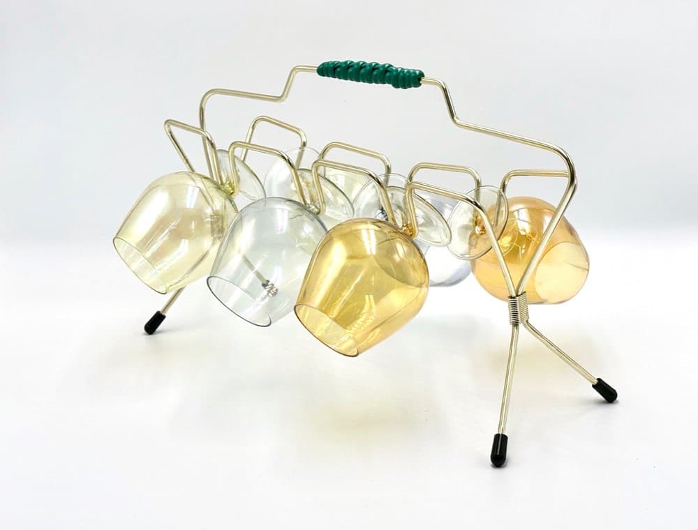 Zestaw kieliszków artystycznych z stojakiem, złoty, szkło, metal, plastik, Niemcy, lata 50. - 156654