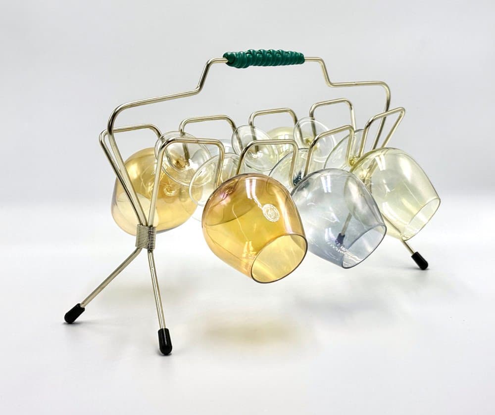 Zestaw kieliszków artystycznych z stojakiem, złoty, szkło, metal, plastik, Niemcy, lata 50. - 156648