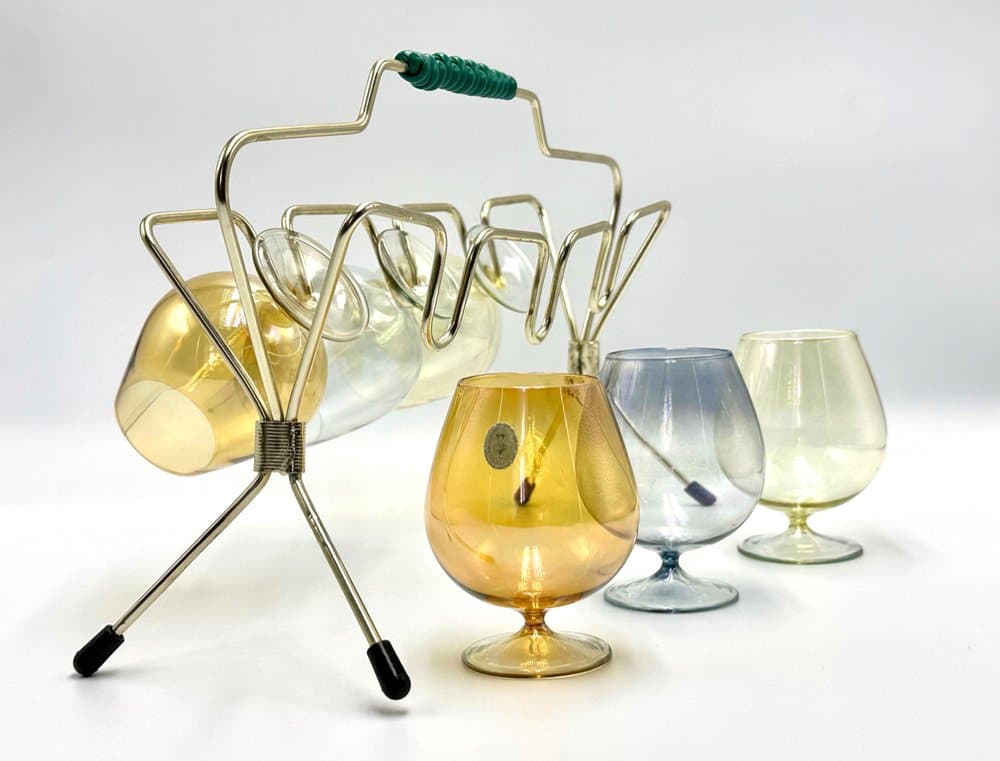 Zestaw kieliszków artystycznych z stojakiem, złoty, szkło, metal, plastik, Niemcy, lata 50. - 156652