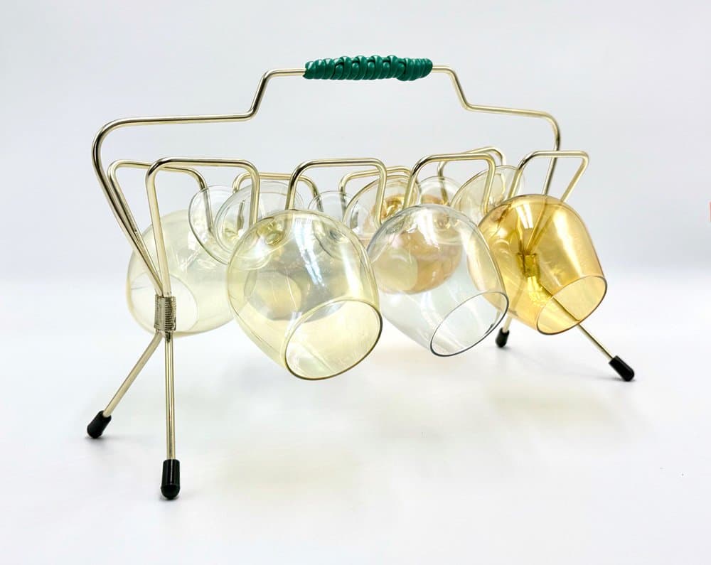 Zestaw kieliszków artystycznych z stojakiem, złoty, szkło, metal, plastik, Niemcy, lata 50. - 156647