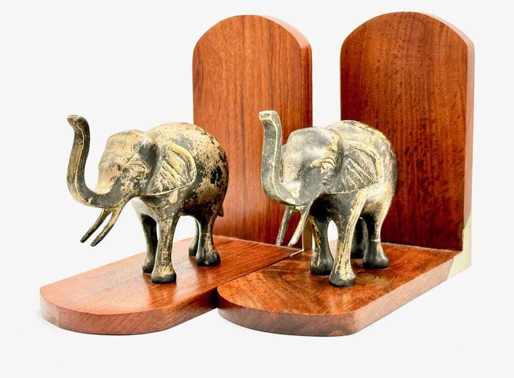 Para podpórek do książek z motywem słonia, mosiądz srebrny, teak, lata 60. - 156713