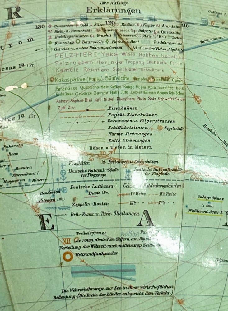 Globus Art Déco, turkusowy, drewno, metal, papier, Niemcy, lata 30. - 156765