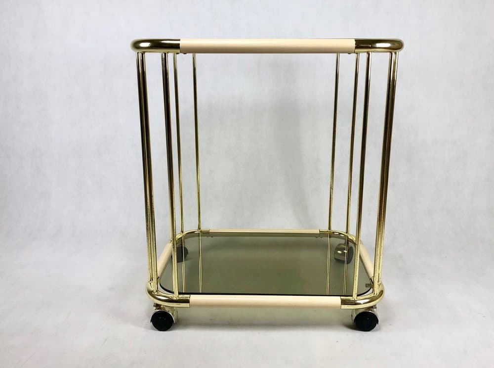 Wózek barowy, mosiądz złoty, szkło przyciemniane, Włochy, lata 60. - 156802