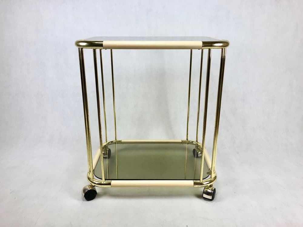 Wózek barowy, mosiądz złoty, szkło przyciemniane, Włochy, lata 60. - 156808