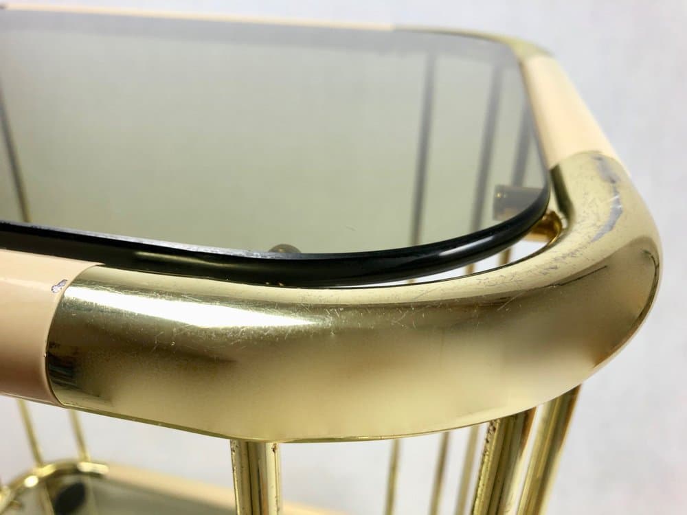 Wózek barowy, mosiądz złoty, szkło przyciemniane, Włochy, lata 60. - 156805