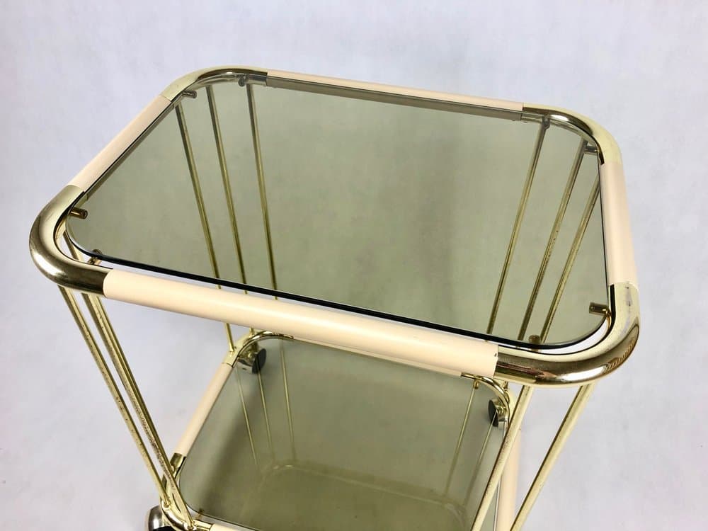 Wózek barowy, mosiądz złoty, szkło przyciemniane, Włochy, lata 60. - 156803