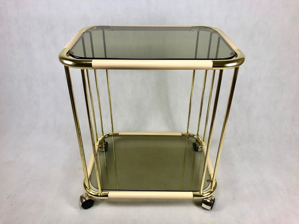 Wózek barowy, mosiądz złoty, szkło przyciemniane, Włochy, lata 60. - 156807