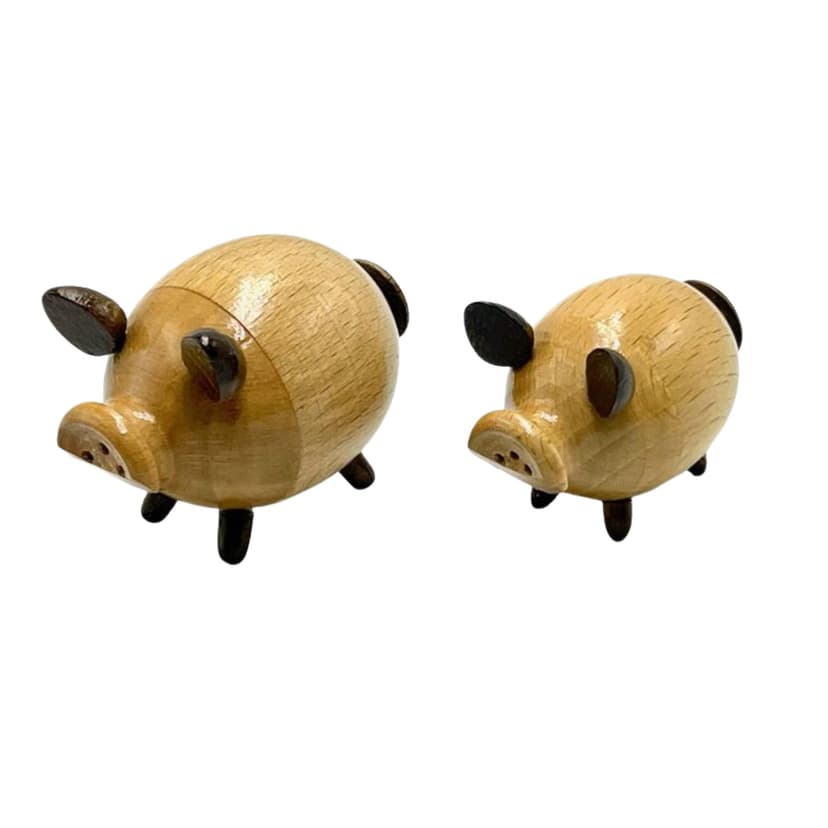 Komplet solniczka i pieprzniczka świnka, brązowy jasny, buk, Szwecja, lata 70.