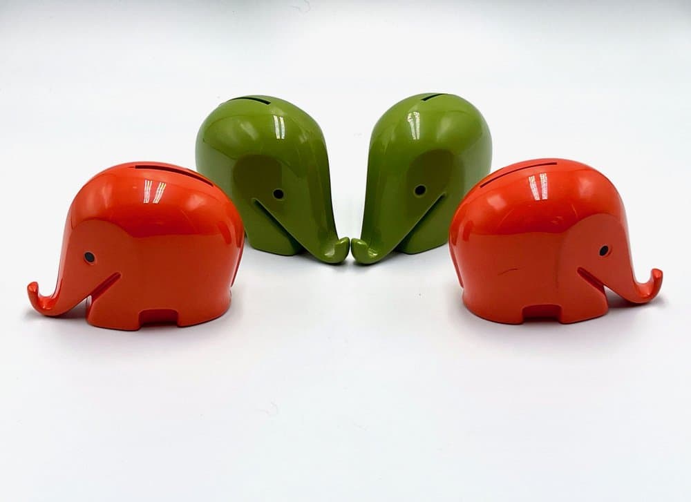 zestaw czterech skarbonek Drumbo, zielony i czerwony, plastik, proj. L. Colani, Włochy, lata 70. - 156884