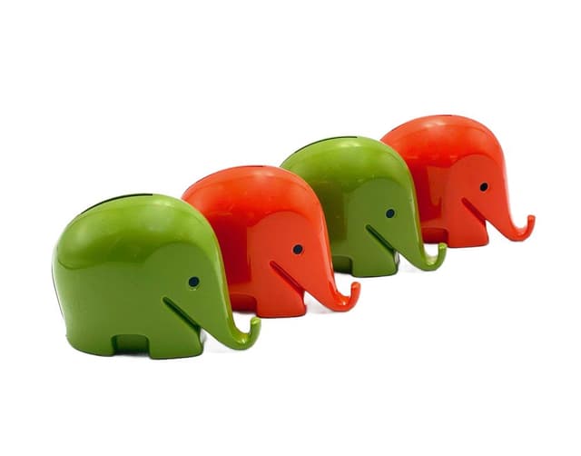 zestaw czterech skarbonek Drumbo, zielony i czerwony, plastik, proj. L. Colani, Włochy, lata 70. - WYMIARY