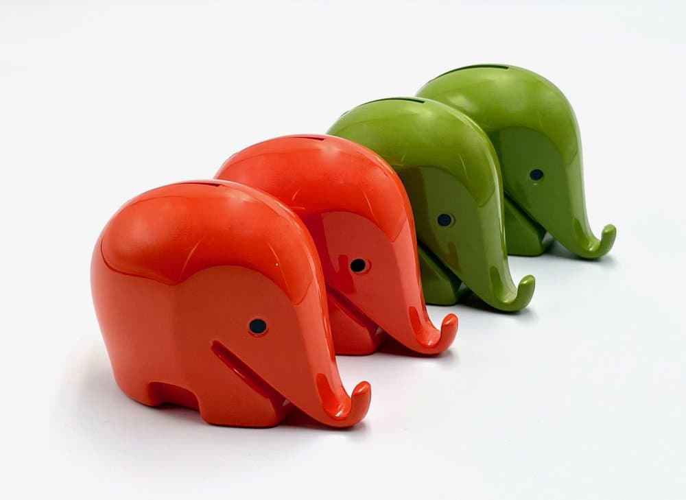 zestaw czterech skarbonek Drumbo, zielony i czerwony, plastik, proj. L. Colani, Włochy, lata 70. - 156883