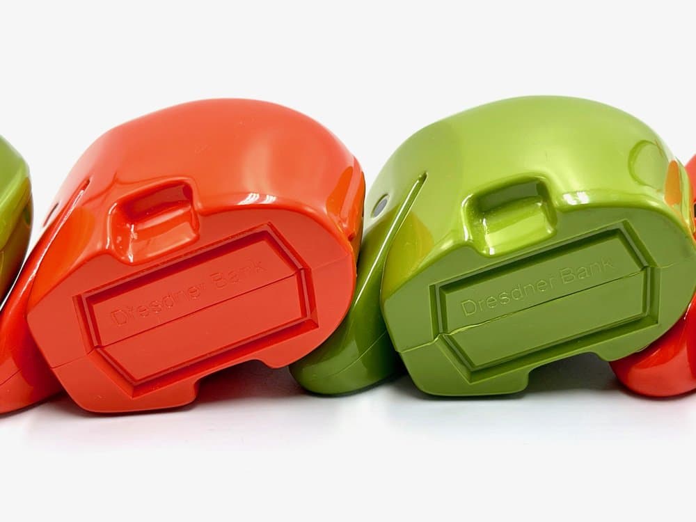 zestaw czterech skarbonek Drumbo, zielony i czerwony, plastik, proj. L. Colani, Włochy, lata 70. - 156885