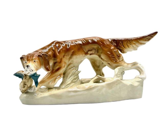 Figurka pies myśliwski z kaczką, multikolor, porcelana, Royal Dux Bohemia, Czechy, lata 40. - WYMIARY