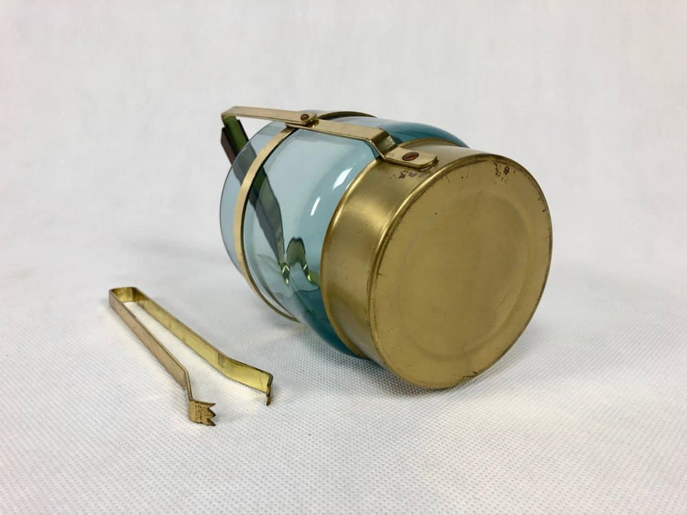 Ice bucket, blue glass, brass, teak, Denmark, 1960s. - 157024