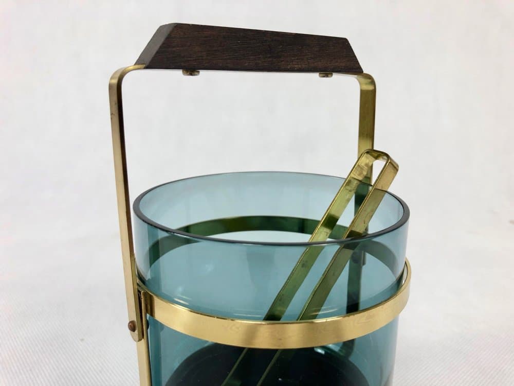 Ice bucket, blue glass, brass, teak, Denmark, 1960s. - 157025